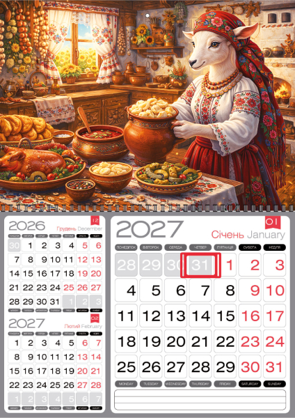 Квартальные календари на одну пружину 3 в 1 с козой (козами, козочкой, козлятами) на 2027 г
